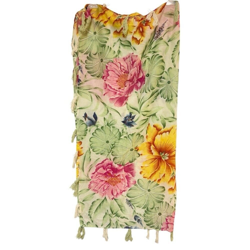 DIMRI Luxury Fashion Scarf Dahlia Green Pink‎ Floral Tasseled Fringed Wrap